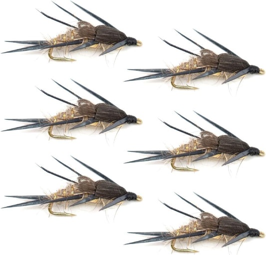 Double Bead Gold Ribbed Hare's Ear Nymph Fly Fishing Flies - Trout and Bass Wet Fly - 6 Flies Hook Size 10 - Hazy Fly Fishing