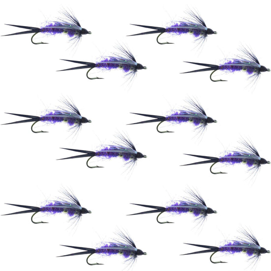 Double Bead Purple Psycho Prince Nymph Fly Fishing Flies - 1 Dozen Flies Hook Size 14 - Hazy Fly Fishing