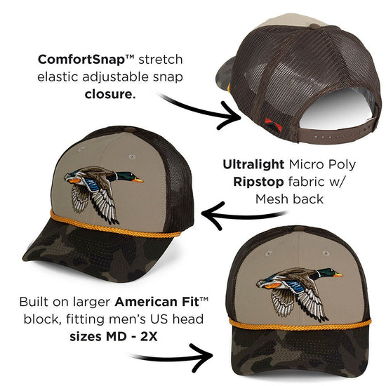 Drake Mallard Duck Hat 6-Panel Mesh back Rope Cap - Hazy Fly Fishing