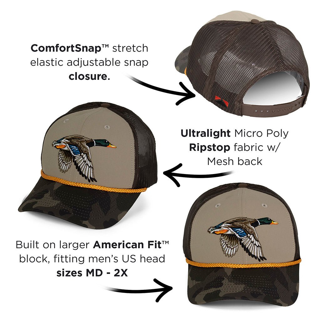 Drake Mallard Duck Hat 6-Panel Mesh back Rope Cap - Hazy Fly Fishing