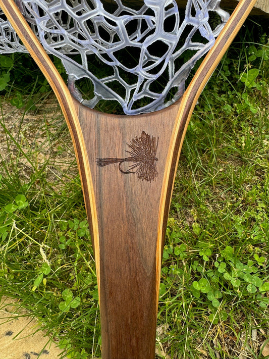 Fat Jake 16"x12" - Adams Dry Fly Engraved - Natural Fly Fishing Traditional Landing Net - Handcrafted & Made in USA - Hazy Fly Fishing