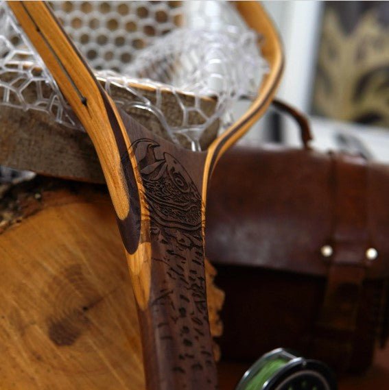 Fat Jake 16"x12" - Brown Trout Engraved - Natural Fly Fishing Traditional Landing Net - Handcrafted & Made in USA - Hazy Fly Fishing