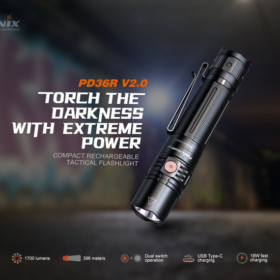 Fenix PD36R V2 Compact Rechargeable Tactical Flashlight - 1700 Lumens - Hazy Fly Fishing