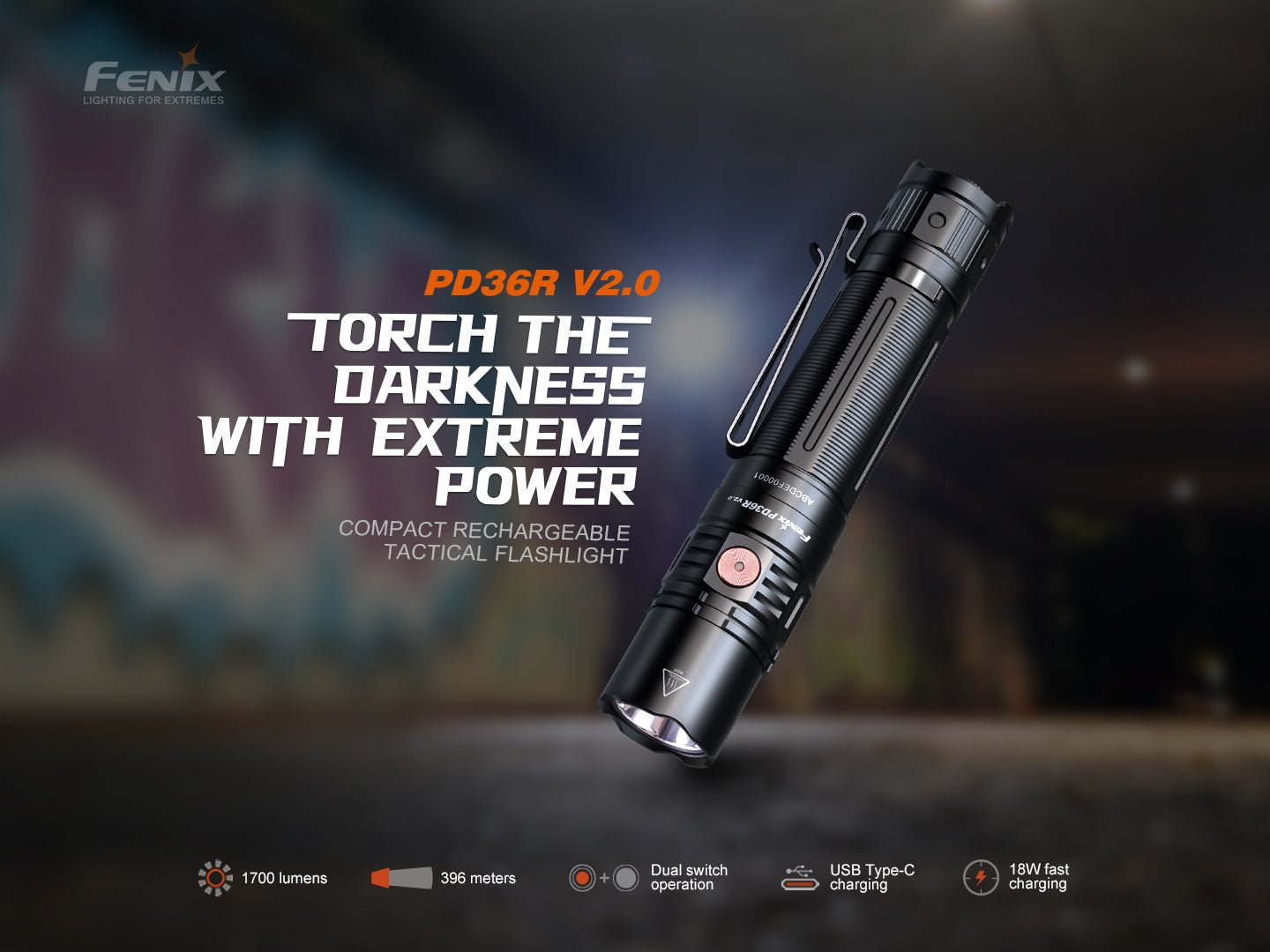 Fenix PD36R V2 Compact Rechargeable Tactical Flashlight - 1700 Lumens - Hazy Fly Fishing