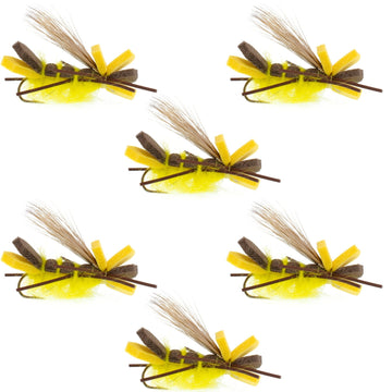 Godzilla Hopper Trout Flies - Yellow High Visibility Grasshopper or Stonefly Dry Fly - 6 Flies Hook Size 10 - Hazy Fly Fishing