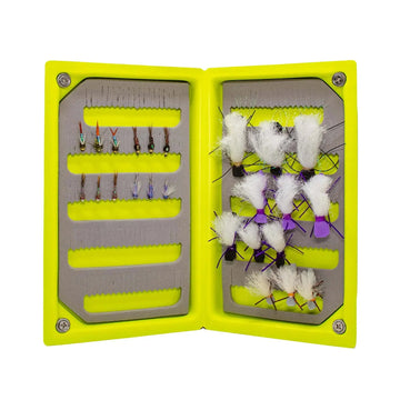 JHFLYCO Loaded Foam Fly Box – Hopper Dropper Assortment – Includes 50m 4X Fluoroflex Tippet - Hazy Fly Fishing