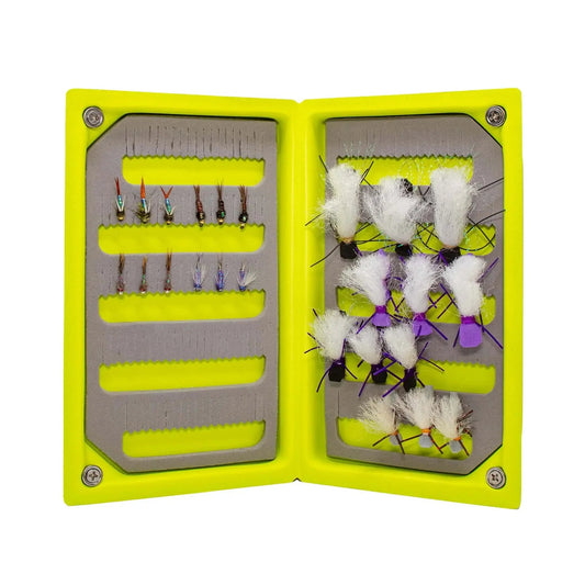 JHFLYCO Loaded Foam Fly Box – Hopper Dropper Assortment – Includes 50m 4X Fluoroflex Tippet - Hazy Fly Fishing
