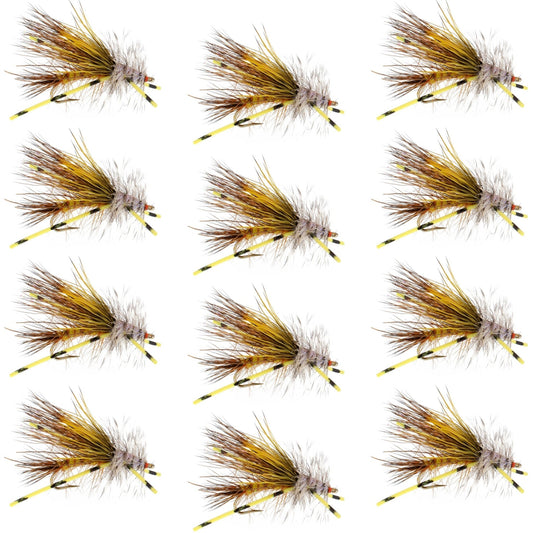 Kaufmann's Yellow Crystal Stimulator Rubber Legs Dry Fly - 1 Dozen Flies Hook Size 10 - Hazy Fly Fishing