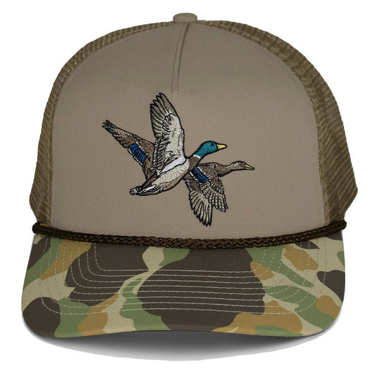 Mallard Drake Pair Old School Camo 5 - Panel Trucker - Hazy Fly Fishing