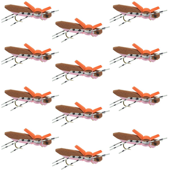 Moorish Hopper Brown Pink Foam Body Grasshopper Fly - 1 Dozen Flies Hook Size 10 - Hazy Fly Fishing