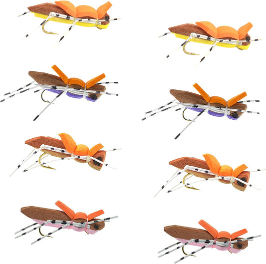 Morrish Hopper Foam Body Grasshopper Assortment Dry Fly - 8 Flies - 4 Colors - Hook Size 10 - Hopper Dropper - Hazy Fly Fishing