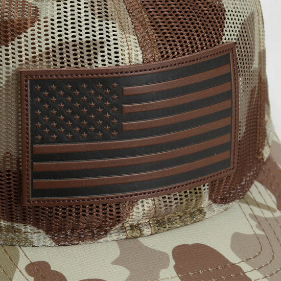 Old School Desert Camo All Mesh Leather Patch American Flag Hat - Hazy Fly Fishing