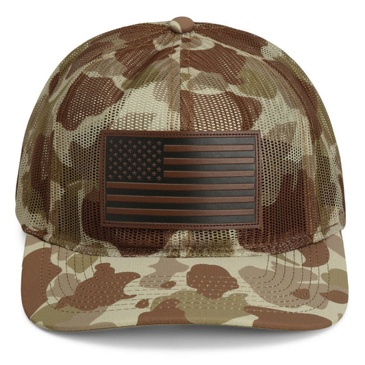 Old School Desert Camo All Mesh Leather Patch American Flag Hat - Hazy Fly Fishing