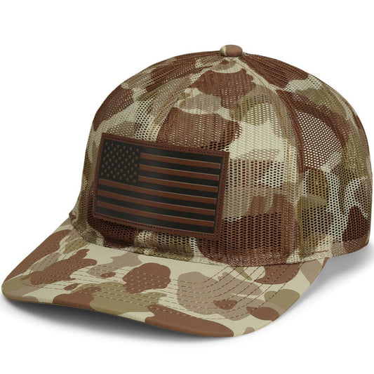 Old School Desert Camo All Mesh Leather Patch American Flag Hat - Hazy Fly Fishing