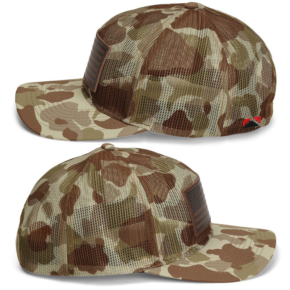 Old School Desert Camo All Mesh Leather Patch American Flag Hat - Hazy Fly Fishing