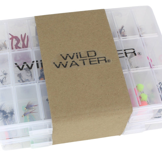 Premium Fly Assortment, 123 Flies | 2 Clear Fly Boxes | Wild Water Fly Fishing - Hazy Fly Fishing