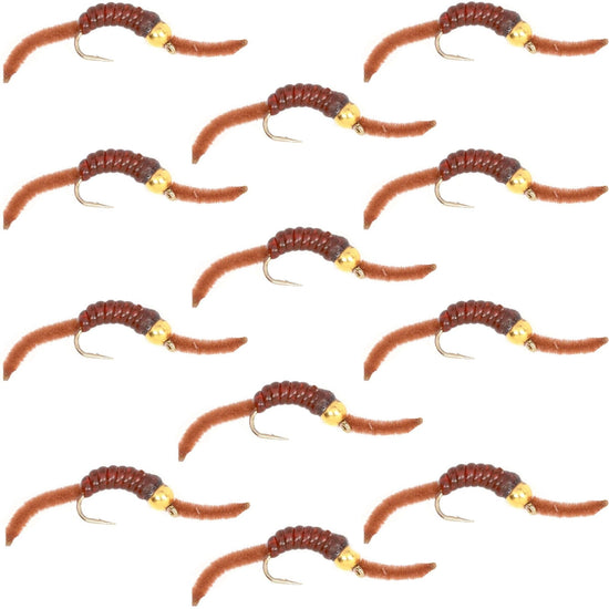 San Juan Bead Head Power Worm Brown V - Rib - 1 Dozen Hook Size 12 - Hazy Fly Fishing