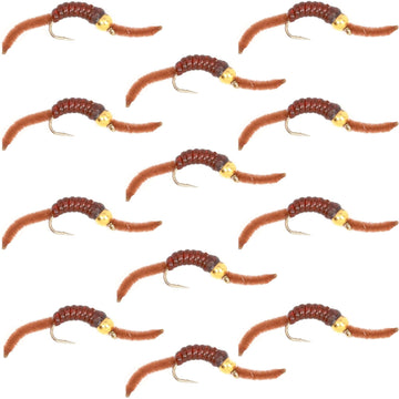 San Juan Bead Head Power Worm Brown V - Rib - 1 Dozen Hook Size 12 - Hazy Fly Fishing