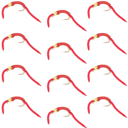 San Juan Worm Bead Head Power Worm Red V - Rib - 1 Dozen Nymph Flies Hook Size 12 - Hazy Fly Fishing