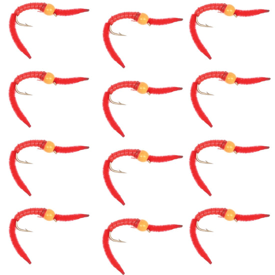 San Juan Worm Orange Bead Head Power Worm Red V - Rib - 1 Dozen Nymph Flies Hook Size 14 - Hazy Fly Fishing
