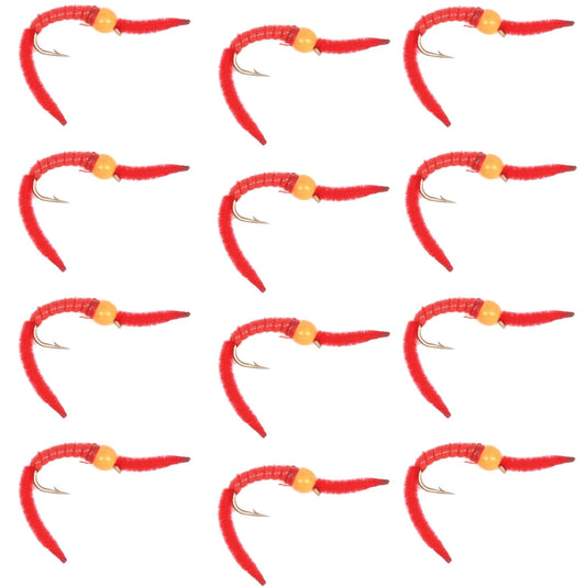 San Juan Worm Orange Bead Head Power Worm Red V - Rib - 1 Dozen Nymph Flies Hook Size 14 - Hazy Fly Fishing
