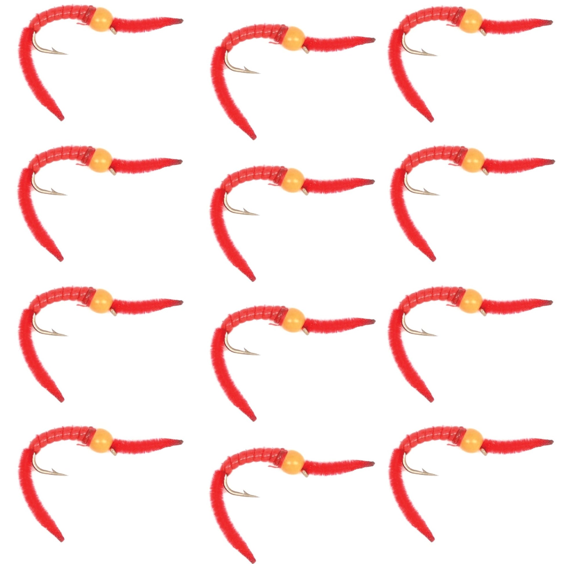 San Juan Worm Orange Bead Head Power Worm Red V - Rib - 1 Dozen Nymph Flies Hook Size 14 - Hazy Fly Fishing