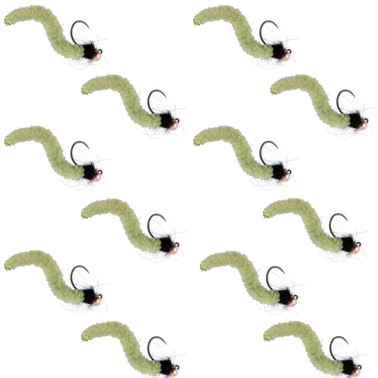Tungsten Bead Chartreuse Wormy Mop Fly Tactical Jig Czech Euro Nymph Barbless Fly - 1 Dozen Flies Size 12 - Hazy Fly Fishing