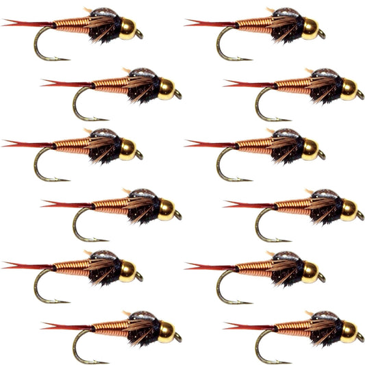Tungsten Bead Head Copper John Nymph 1 Dozen Fly Fishing Flies - Hook Size 12 - Hazy Fly Fishing