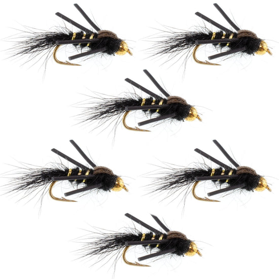 Tungsten Bead Head Rubber Legs Black Gold - Ribbed Hare's Ear Trout Fly Nymph - 6 Flies Hook Size 16 - Hazy Fly Fishing