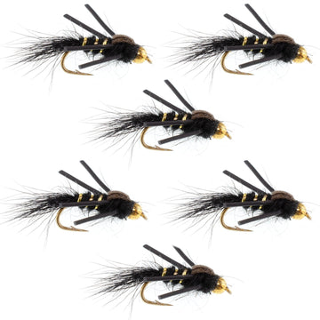 Tungsten Bead Head Rubber Legs Black Gold - Ribbed Hare's Ear Trout Fly Nymph - 6 Flies Hook Size 16 - Hazy Fly Fishing