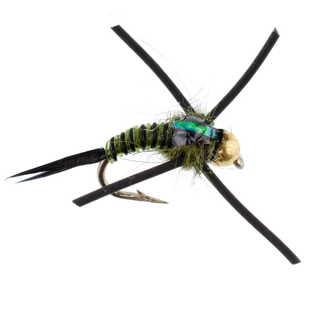 Tungsten Bead Head Rubber Legs Black Olive Zebra Copper John Nymph Fly Fishing Flies - 1 Dozen Flies Hook Size 16 - Hazy Fly Fishing