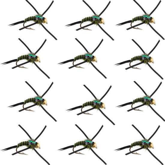 Tungsten Bead Head Rubber Legs Black Olive Zebra Copper John Nymph Fly Fishing Flies - 1 Dozen Flies Hook Size 16 - Hazy Fly Fishing