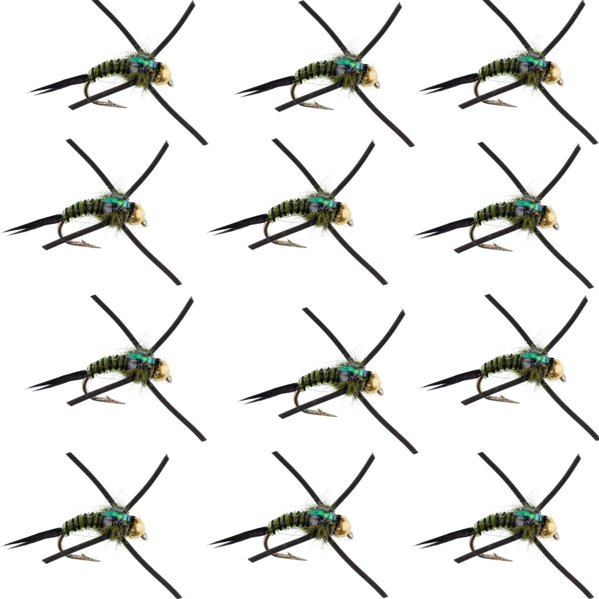 Tungsten Bead Head Rubber Legs Black Olive Zebra Copper John Nymph Fly Fishing Flies - 1 Dozen Flies Hook Size 16 - Hazy Fly Fishing