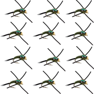 Tungsten Bead Head Rubber Legs Black Olive Zebra Copper John Nymph Fly Fishing Flies - 1 Dozen Flies Hook Size 16 - Hazy Fly Fishing