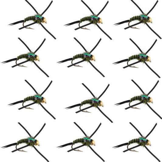 Tungsten Bead Head Rubber Legs Black Olive Zebra Copper John Nymph Fly Fishing Flies - 1 Dozen Flies Hook Size 16 - Hazy Fly Fishing