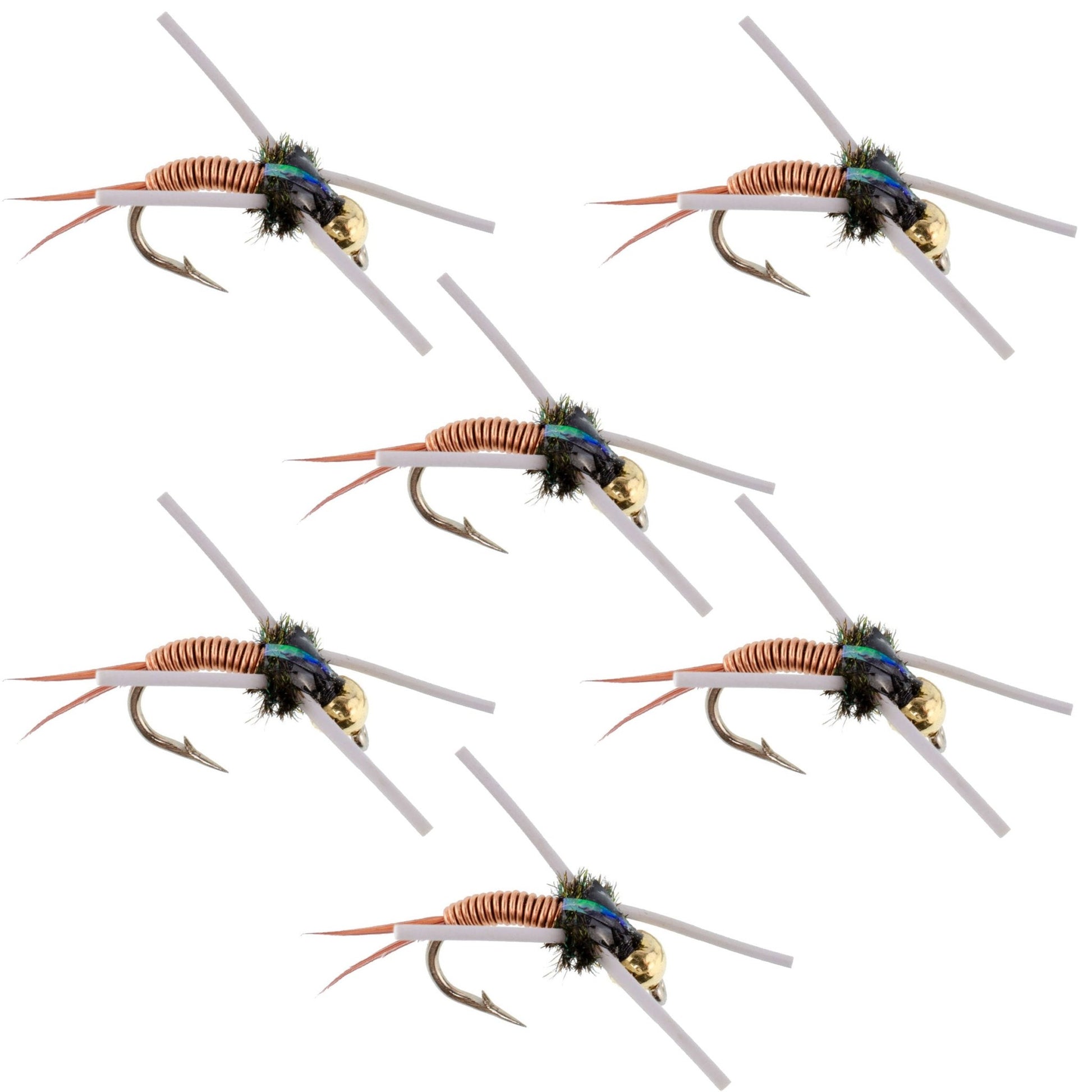 Tungsten Bead Head Rubber Legs Copper John Nymph Fly Fishing Flies - Set of 6 Flies Hook Size 14 - Hazy Fly Fishing