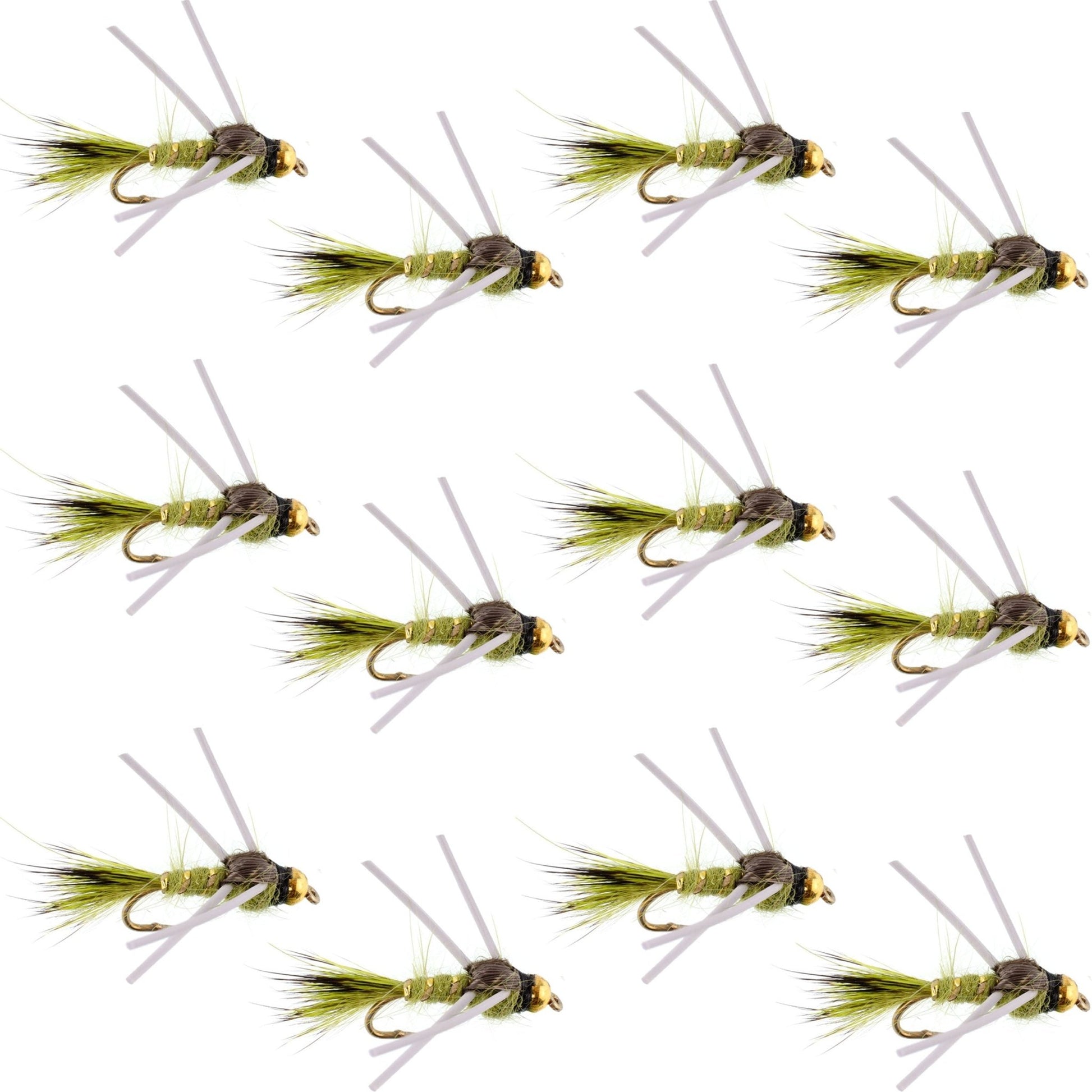Tungsten Bead Head Rubber Legs Olive Gold - Ribbed Hare's Ear Trout Fly Nymph - 1 Dozen Flies Hook Size 12 - Hazy Fly Fishing