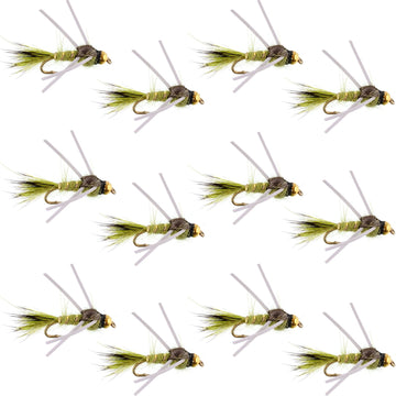 Tungsten Bead Head Rubber Legs Olive Gold - Ribbed Hare's Ear Trout Fly Nymph - 1 Dozen Flies Hook Size 12 - Hazy Fly Fishing
