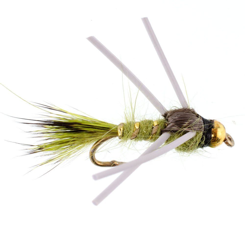 Tungsten Bead Head Rubber Legs Olive Gold - Ribbed Hare's Ear Trout Fly Nymph - 1 Dozen Flies Hook Size 14 - Hazy Fly Fishing
