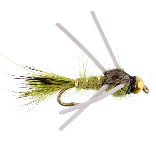 Tungsten Bead Head Rubber Legs Olive Gold - Ribbed Hare's Ear Trout Fly Nymph - 1 Dozen Flies Hook Size 14 - Hazy Fly Fishing