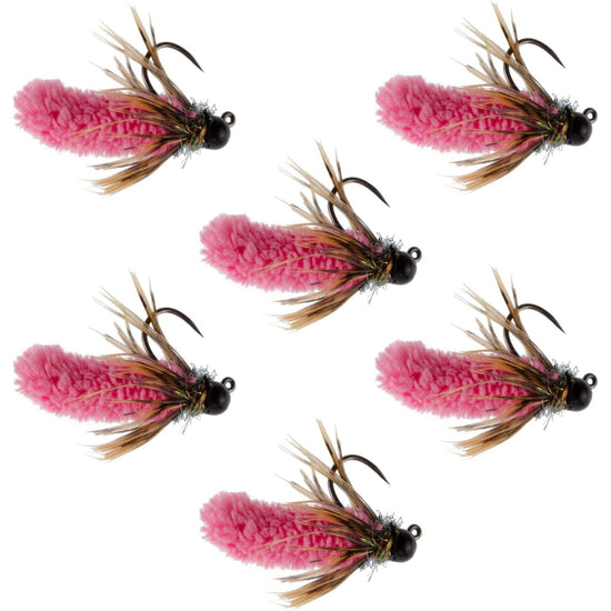 Tungsten Bead Hot Pink Mop Fly Tactical Jig Czech Euro Nymph Barbless Fly 6 Flies - Size 14 - Hazy Fly Fishing