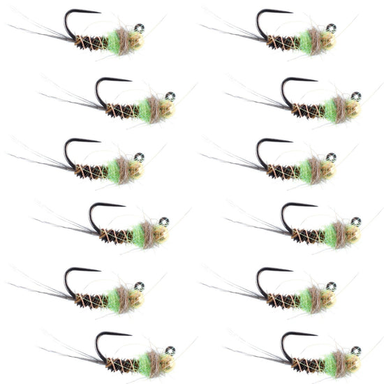 Tungsten Bead Hot Spot Pheasant Tail Tactical Jig Chartreuse Czech Nymph Euro Nymphing Fly - 1 Dozen Flies Size 14 - Hazy Fly Fishing