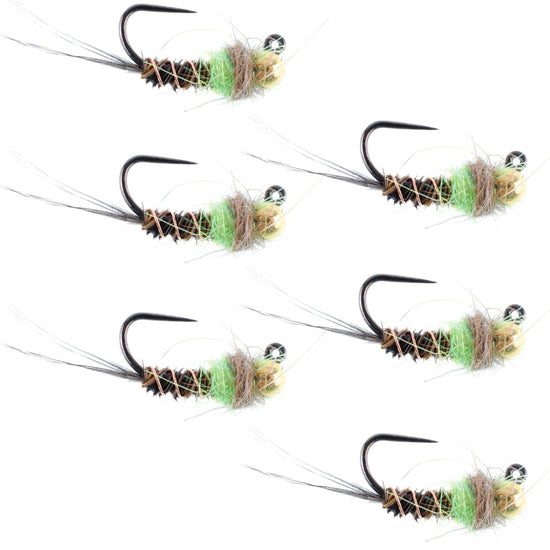 Tungsten Bead Hot Spot Pheasant Tail Tactical Jig Chartreuse Czech Nymph Euro Nymphing Fly - 6 Flies Size 16 - Hazy Fly Fishing