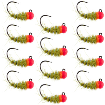 Tungsten Hot Bead Walt's Worm Jig Tactical Czech Nymph Euro Nymphing Fly - 1 Dozen Flies Hook Size 12 - Hazy Fly Fishing