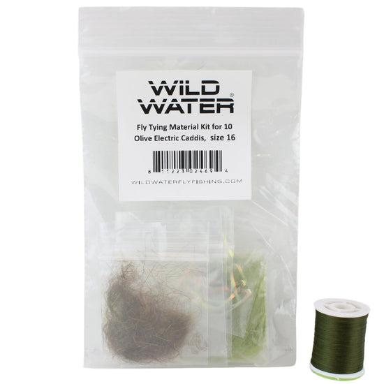 Wild Water Fly Fishing Fly Tying Material Kit, Olive Electric Caddis - Hazy Fly Fishing