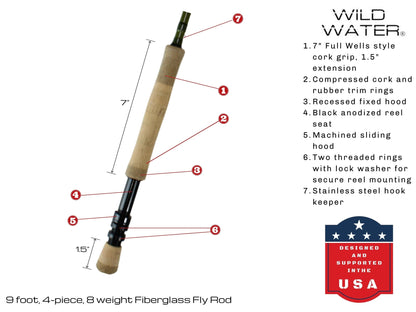 Wild Water Fly Fishing Kit with Fiberglass Rod 9 ft, 4 - Piece, 8 wt Rod - Hazy Fly Fishing