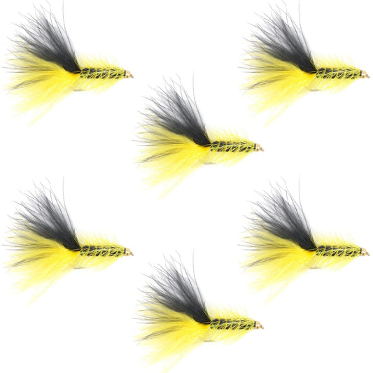 Yellow Black Bead Head Crystal Woolly Bugger Classic Streamer Flies - Set of 6 Trout Fly Fishing Flies - Hook Size 4 - Hazy Fly Fishing